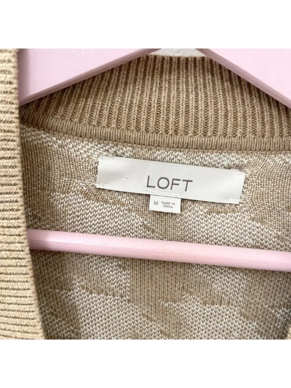 LOFT Tan Open Front Houndstooth Long Sleeve Sweater Size M - Picture 3 of 7